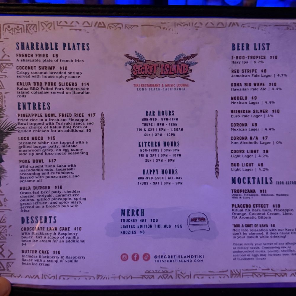 Secret Island - Drink menu - Polynesian Near Me - Long Beach, California