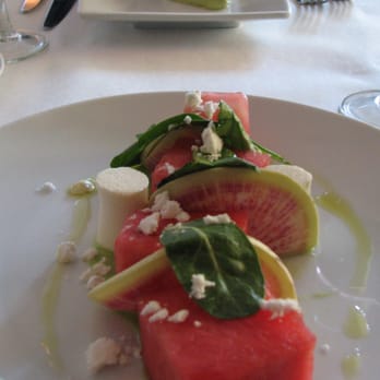 Beacon Hill Hotel - (Top) Fried Green Tomatoes w Basil Aïoli 
(Bottom) Watermelon & Feta Salad, Cucumber Feta Dressing, Radish, Greens - New American Near Me - Boston, Massachusetts