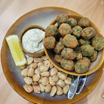 The Outpost - Amazing fried olives with almonds, couldn't stop eating them, and that addictive aioli sauce? - Pizza Near Me - Riverside, California The Outpost - Amazing fried olives with almonds, couldn't stop eating them, and that addictive aioli sauce? - Pizza Near Me - Riverside, California