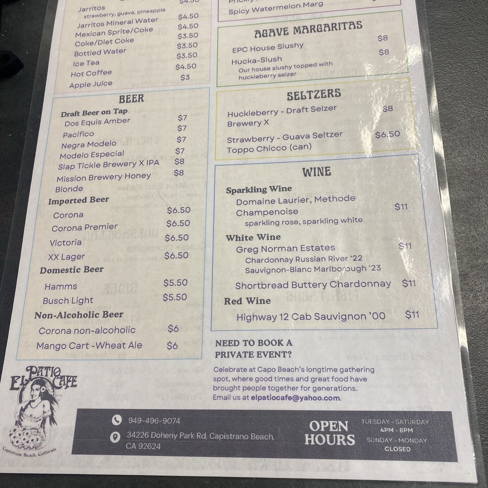 El Patio Cafe - Drink Menu - Mexican Near Me - Capistrano Beach, California