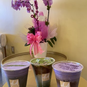 H&A Coffee And Tea - Left to right: Ube Cream Matcha Latte, Dirty Matcha, Ube Cream Latte - Coffee & Tea Near Me - Rosemead, California