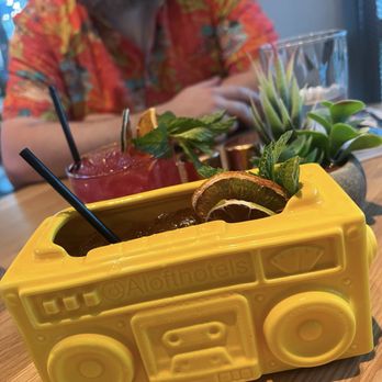Tempo + Grace - Their signature Boombox Cocktail. How fun is the glassware that it came in? - American Near Me - Orlando, Florida