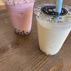 Sweet Kuppz - Strawberry banana smoothie with blueberry popping boba (left) and pineapple coconut smoothie with mango popping boba