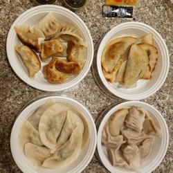 China III - 4 types of dumplings. Meat fried and steamed, vegi fried and steamed.
