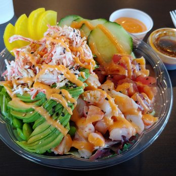 AA Poke - Create a bowl marinated tuna, shrimp, crab salad, avocado, edamame, cucumber, oshinko, sesame seeds and spicy mayo on top - Japanese Near Me - Fort Wayne, Indiana
