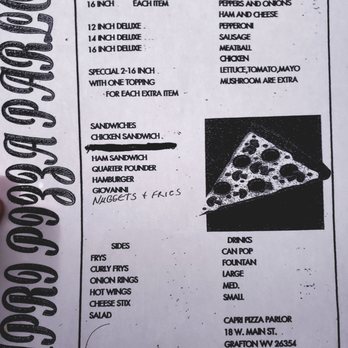 Capri Pizza Parlor - Menu - Pizza Near Me - Grafton, West Virginia Capri Pizza Parlor - Menu - Pizza Near Me - Grafton, West Virginia