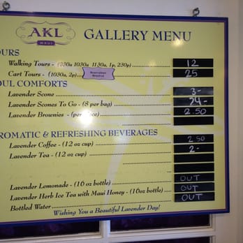 Ali'i Kula Lavender - The menu. They are out of lots of stuff unfortunately :( - Tours Near Me - Kula, Hawaii Ali'i Kula Lavender - The menu. They are out of lots of stuff unfortunately :( - Tours Near Me - Kula, Hawaii