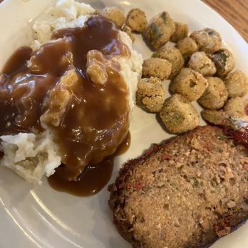Cracker Barrel Old Country Store - Meatloaf Mashed Potatoes w/Brown Gravy Fried Okra - Breakfast & Brunch Near Me - Spanish Fort, Alabama