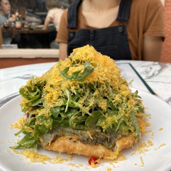 Dovetail Pizza - Eggplant dip on fry bread w beets, arugula, mimolette cheese. Very fun and yummy. - Pizza Near Me - Austin, Texas Dovetail Pizza - Eggplant dip on fry bread w beets, arugula, mimolette cheese. Very fun and yummy. - Pizza Near Me - Austin, Texas