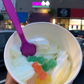 Cups Frozen Yogurt - Mango tart swirl and Piña colada with Sour Patch Kids - Desserts Near Me - Clifton, New Jersey Cups Frozen Yogurt - Mango tart swirl and Piña colada with Sour Patch Kids - Desserts Near Me - Clifton, New Jersey