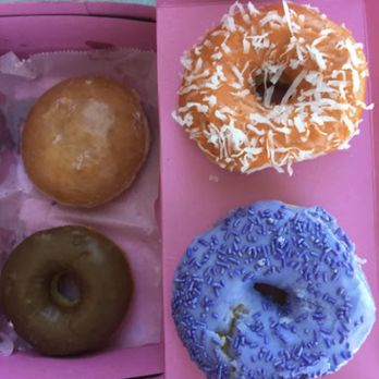 SloDoCo Donuts - Orange coconut, lavender glaze with sprinkles, Crem Brulee puff glazed, gluten free chocolate - Donuts Near Me - San Luis Obispo, California