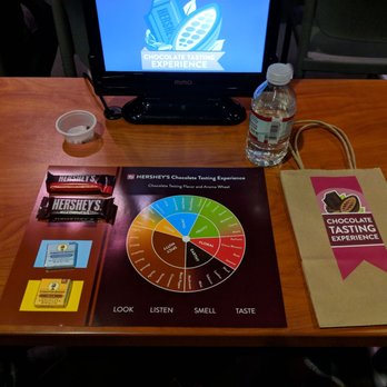 Hershey's Chocolate World - Chocolate Tasting Experience set up, including the 4 chocolate bars you get to taste. - Kids Activities Near Me - Hershey, Pennsylvania