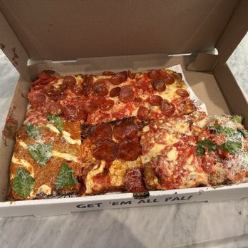 MAMA'S TOO! - 3 Pepperoni squares, 1 Vodka square, 1 Angry Nonna square, 1 Upside Down square & 1 Poached Pear square - Pizza Near Me - New York, New York