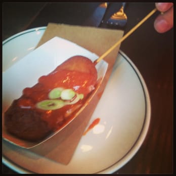 Woodberry Kitchen - Corn dog with a rhubarb BBQ sauce - American Near Me - Baltimore, Maryland Woodberry Kitchen - Corn dog with a rhubarb BBQ sauce - American Near Me - Baltimore, Maryland