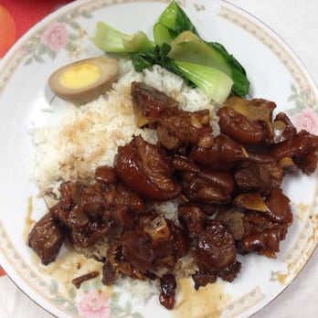 Hand Pull Noodle and Dumpling House - Pigs feet brown sauce white rice with steamed veggies and tea egg - Chinese Near Me - Brooklyn, New York