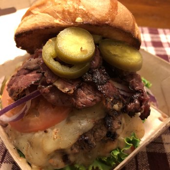 Tony Beef - Heaven. Double Elk with ghost pepper cheese, ghost sauce, LTO, pickles, jalapenos and topped with pastrami.  Yes, it was awesome. - Burgers Near Me - Galloway, New Jersey
