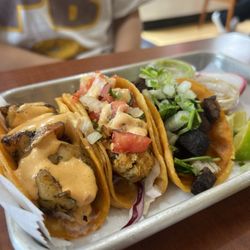 Tacos A La Madre - Shrimp, crab cake, lengua