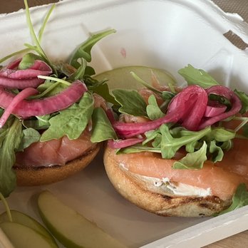 Gracious Bakery + Cafe - Handmade cured salmon over cream cheese bagel with pickled onions and greens. 5 stars. - Breakfast & Brunch Near Me - New Orleans, Louisiana Gracious Bakery + Cafe - Handmade cured salmon over cream cheese bagel with pickled onions and greens. 5 stars. - Breakfast & Brunch Near Me - New Orleans, Louisiana