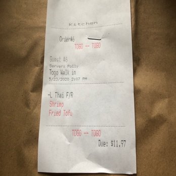 One Two Thai - Receipt for lunch Take out - Thai Near Me - New York, New York