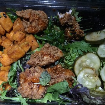 Worth Takeaway - crispy chicken bowl with sweet potatoes (left) and what's left of the chicken (middle). - Breakfast & Brunch Near Me - Mesa, Arizona