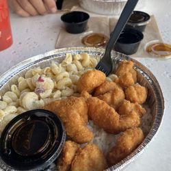 Chicken tempura with white rice Mac salad