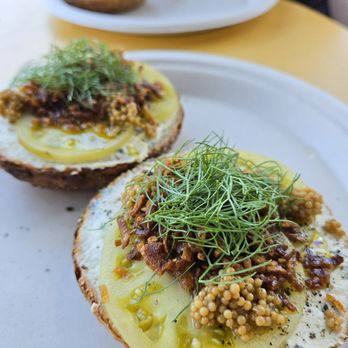 Mustard's Bagels - Pickled Green Tomato Special - Bagels Near Me - Culver City, California Mustard's Bagels - Pickled Green Tomato Special - Bagels Near Me - Culver City, California