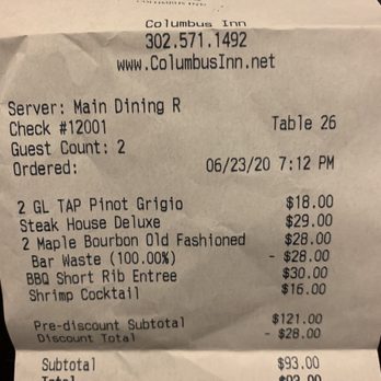 Columbus Inn - Charged for "bar waste" after politely informing server the drink was watered down and was not what I ordered. - New American Near Me - Wilmington, Delaware Columbus Inn - Charged for "bar waste" after politely informing server the drink was watered down and was not what I ordered. - New American Near Me - Wilmington, Delaware
