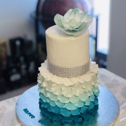 Joyce Gourmet - Teal Ombre, Rhinestone, Peony Flower Chic Fancy Custom Birthday Cake