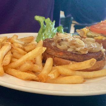 Jimmys Lakeside Grill - Veggie burger with sautéed onions and well done fr frs. - American Near Me - Windsor, California