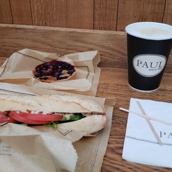 Paul - Le Dieppois (lemon tuna on baguette), Amandine au cassis (almond currant tarte), et un cappuccino - Bakeries Near Me - Roissy-en-France, 77 Paul - Le Dieppois (lemon tuna on baguette), Amandine au cassis (almond currant tarte), et un cappuccino - Bakeries Near Me - Roissy-en-France, 77