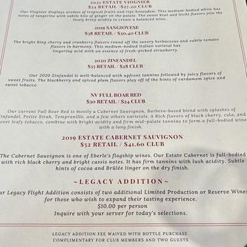 Eberle Winery - Tasting menu. - Wineries Near Me - Paso Robles, California