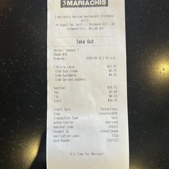3 Mariachis - Receipt - Mexican Near Me - Richmond Hill, Ontario