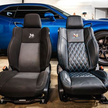 Madison Auto Trim - Two Scat Pack seats, one before and one after a Katzkin leather custom kit & fit upgrade installed professionally at Madison Auto Trim, LLC. - Auto Parts & Supplies Near Me - Madison, Wisconsin Madison Auto Trim - Two Scat Pack seats, one before and one after a Katzkin leather custom kit & fit upgrade installed professionally at Madison Auto Trim, LLC. - Auto Parts & Supplies Near Me - Madison, Wisconsin