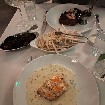 Patton's Steakhouse - Halibut, roasted mushrooms, Parmesan fries, ribeye - Steakhouses Near Me - Houston, Texas