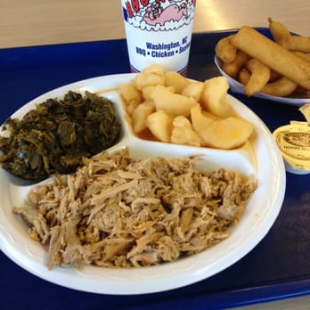 Hog Heaven - Pork Plate Dinner - pulled pork, red potatoes, collard greens, and hush puppies - American Near Me - Washington, North Carolina