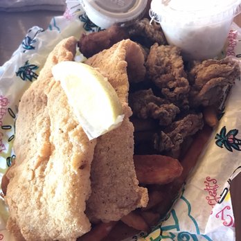 LuLu's Destin - Half and half - fried oyster and fried fish with fries, cole slaw, and jalapeño hush puppies - Seafood Near Me - Destin, Florida