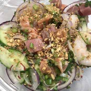 Crazy Poke - Poke Bowl: tuna, salmon, and shrimp with brown rice and lots of veggies - Poke Near Me - Miami, Florida