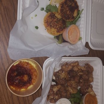 Mockingbird Kitchen - Shrimp crocets and buffalo cauliflower and the dessert - New American Near Me - Fayetteville, Arkansas