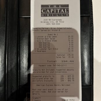 The Capital Grille - Our bill at the end of the night. - Steakhouses Near Me - Oklahoma City, Oklahoma The Capital Grille - Our bill at the end of the night. - Steakhouses Near Me - Oklahoma City, Oklahoma