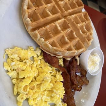 Copper Skillet - Waffle, eggs and bacon. (I request my eggs scrambled hard.) J - Breakfast & Brunch Near Me - Martinez, California