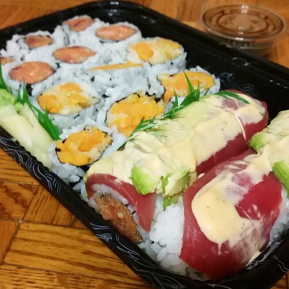Christmas roll, sweet potato roll, spicy tuna roll Christmas roll, sweet potato roll, spicy tuna roll