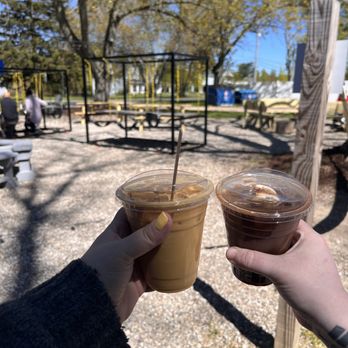 Outside Coffee - Our coffees with the seating area in the background - Desserts Near Me - Douglas, Michigan
