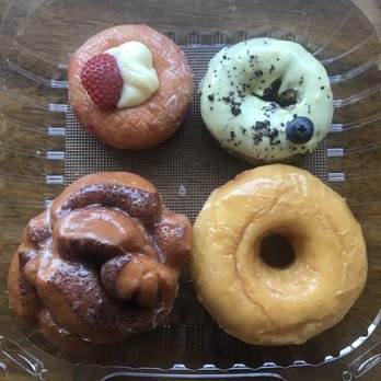 Donut Petit - (Top left clockwise) Strawberry shortcake, lemon blueberry, cinnamon roll, and good old glazed - Donuts Near Me - Alameda, California Donut Petit - (Top left clockwise) Strawberry shortcake, lemon blueberry, cinnamon roll, and good old glazed - Donuts Near Me - Alameda, California