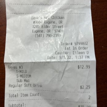 Dave's Hot Chicken - My receipt - Chicken Shop Near Me - Eugene, Oregon