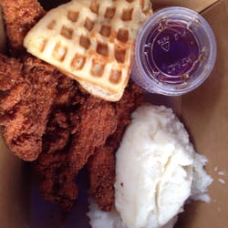 Longhorn Chicken - 5 piece spicy chicken tenders with mashed potatoes and a waffle! It's a whole waffle, but I just folded it. So good and very filling!
