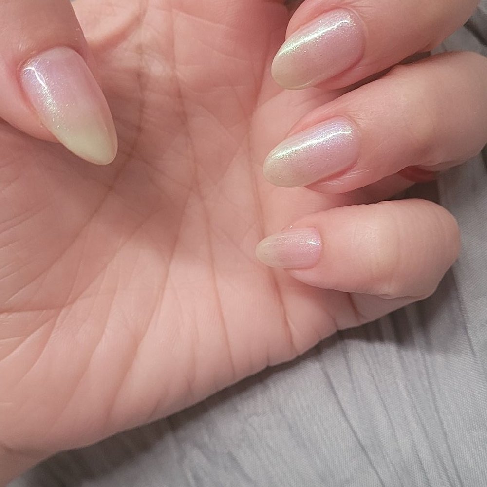 Ombre green and purple chrome natural length gel nails Ombre green and purple chrome natural length gel nails