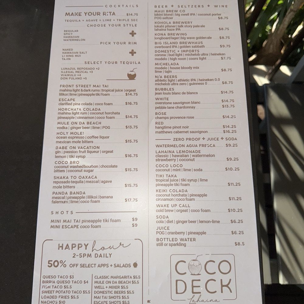 Coco Deck - Menu - Mexican Near Me - Lahaina, Hawaii