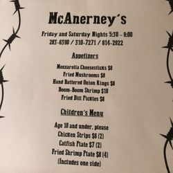 McAnerney's Restaurant - Menu as of 11/23/2018