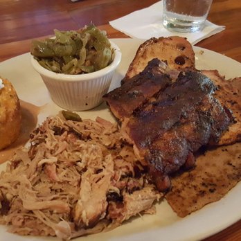 Bone Fire Smokehouse At The Hardware - 4 meat platter. Grit cake. Pulled pork, Ribs, Pork Loin, Brisket and country green beans. Yes in that order. - Barbeque Near Me - Abingdon, Virginia Bone Fire Smokehouse At The Hardware - 4 meat platter. Grit cake. Pulled pork, Ribs, Pork Loin, Brisket and country green beans. Yes in that order. - Barbeque Near Me - Abingdon, Virginia