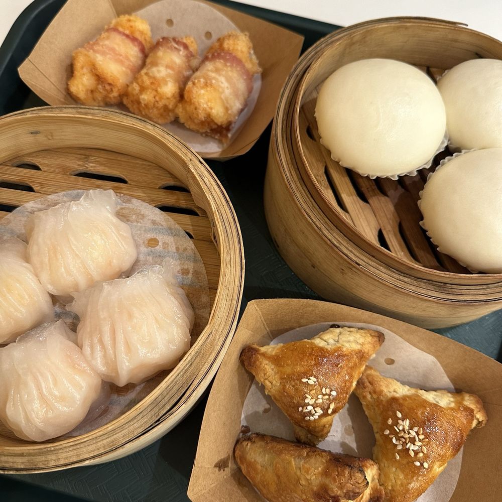 Awesum Dimsum - S1. Har Gow (4), F8. Fried Shrimp Roll Wrapped with Bacon, S6. Lava Bun (3), B4. BBQ Pork Puff - Dim Sum Near Me - New York, New York
